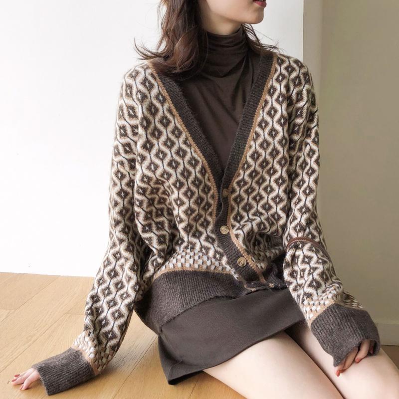 Autumn and Winter Retro Plaid Leopard Print Women's Cardigan V-Neck Jacket 12