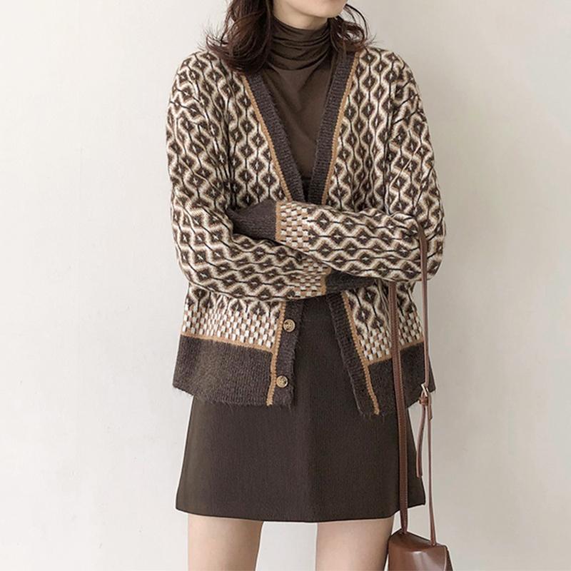 Autumn and Winter Retro Plaid Leopard Print Women's Cardigan V-Neck Jacket 12
