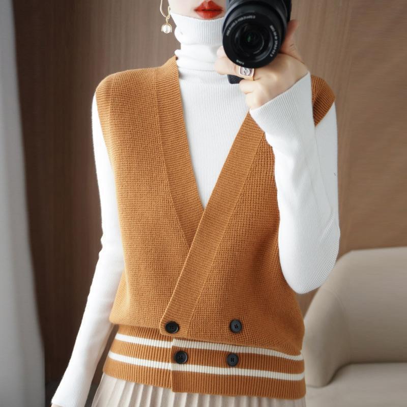 New Contrast color double breasted knitted vest for women 50