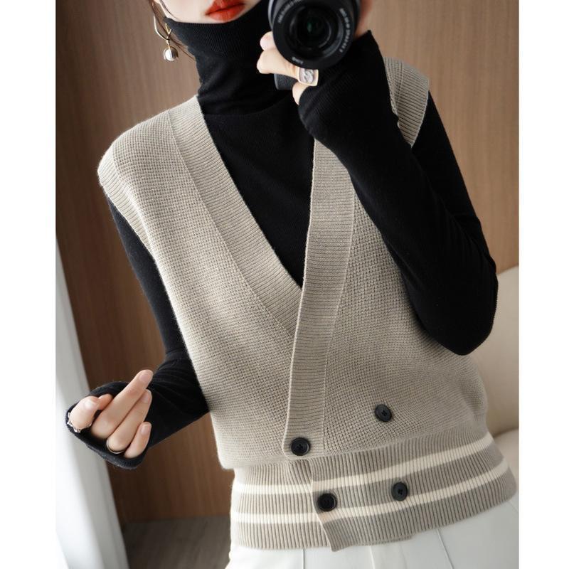 New Contrast color double breasted knitted vest for women 50