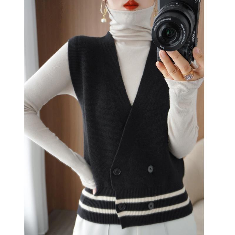 New Contrast color double breasted knitted vest for women 50