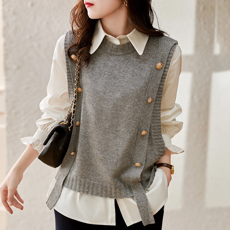Crew Neck Pullover Button Knitted Vest Sweater 21 01