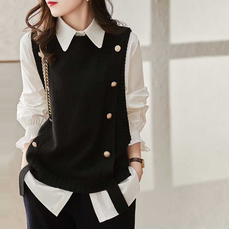 Crew Neck Pullover Button Knitted Vest Sweater 21
