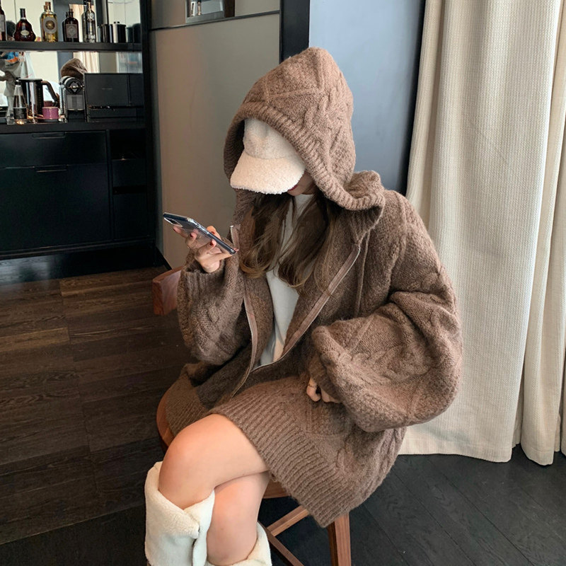 Hooded knitted cardigan thick lazy style jacket 53