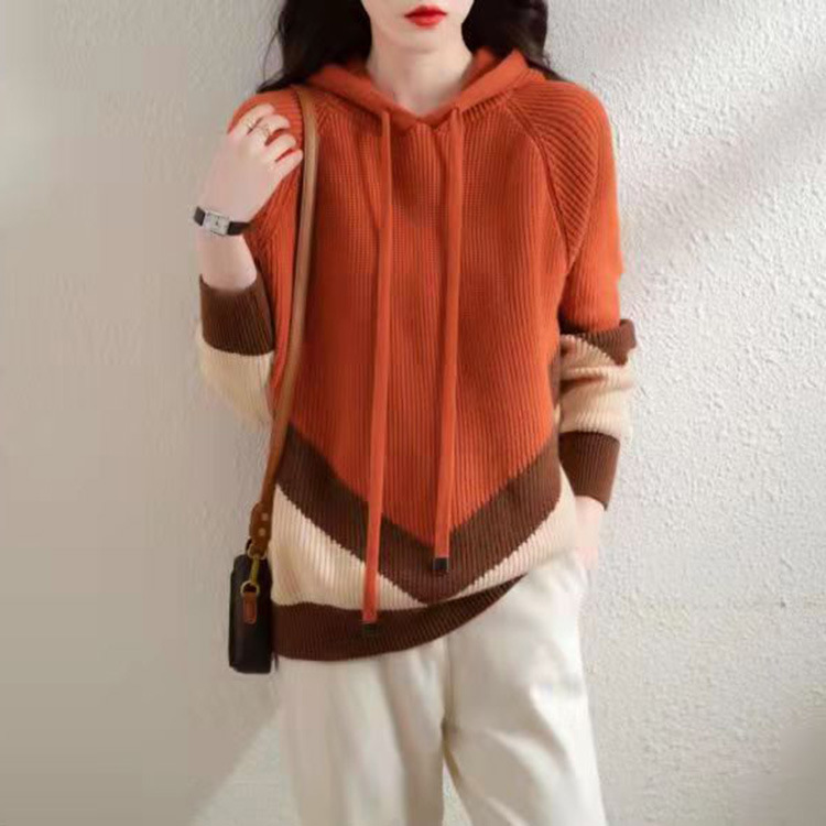 Hooded pullover sweater colorblock sweater 54