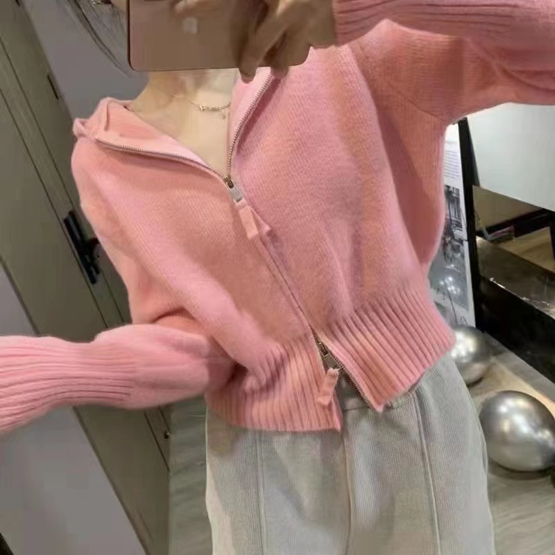 Hoodie Double Zipper Casual Knit Cardigan Sweater 52