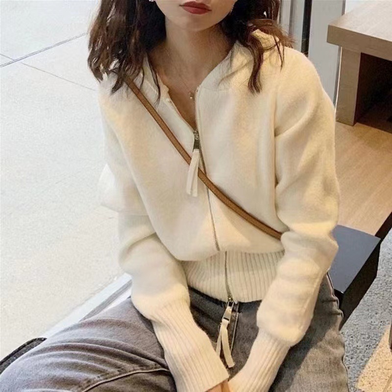 Hoodie Double Zipper Casual Knit Cardigan Sweater 52 02