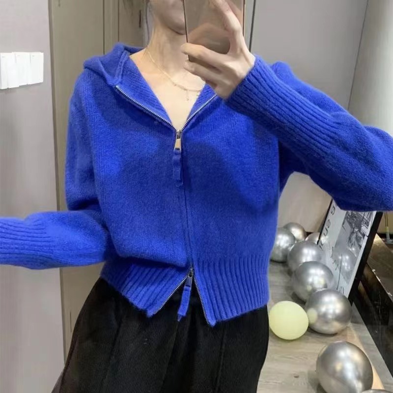 Hoodie Double Zipper Casual Knit Cardigan Sweater 52