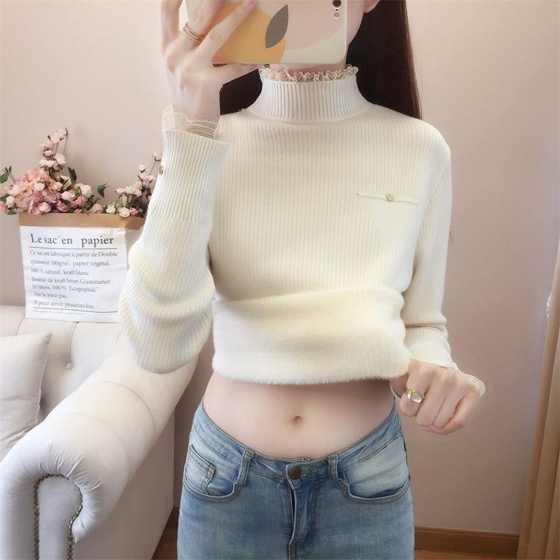 New Lace patchwork half turtleneck slim fit inner sweater 60