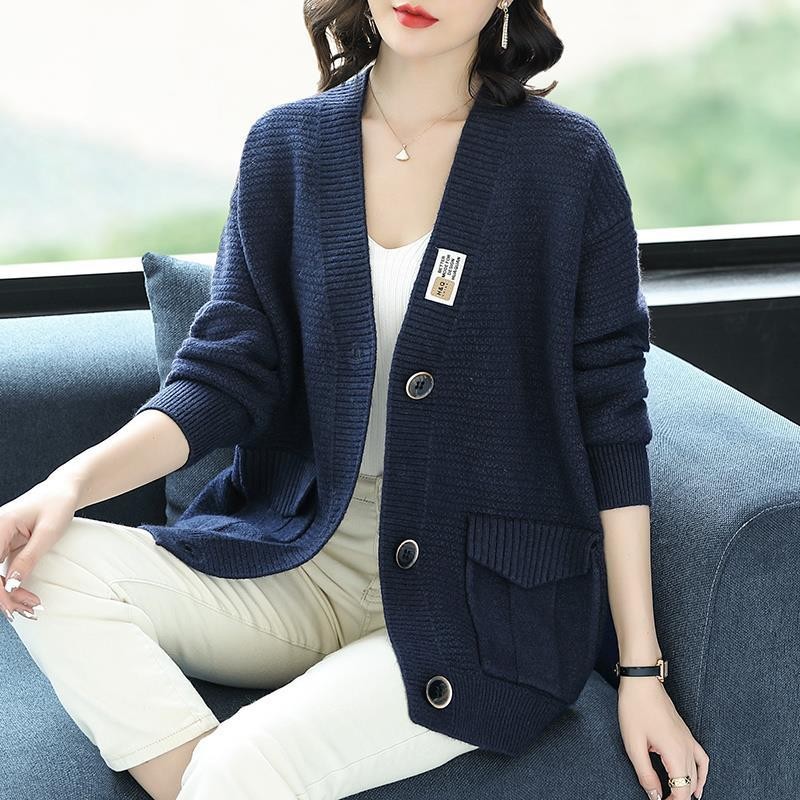 New Ladies lazy style mid-length loose sweater cardigan coat 46 02