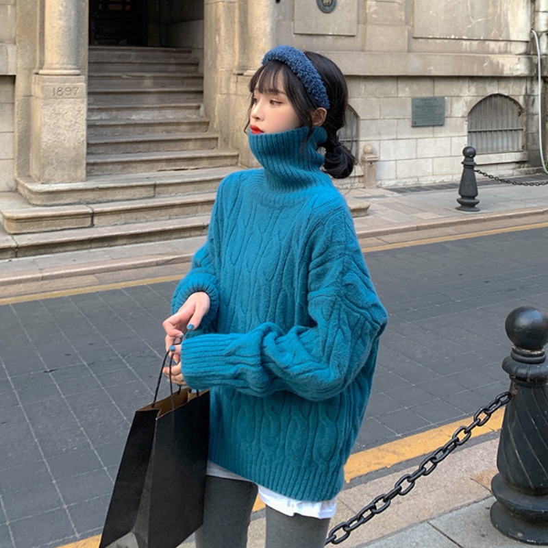 Lazy style lantern sleeve high collar pullover sweater 57