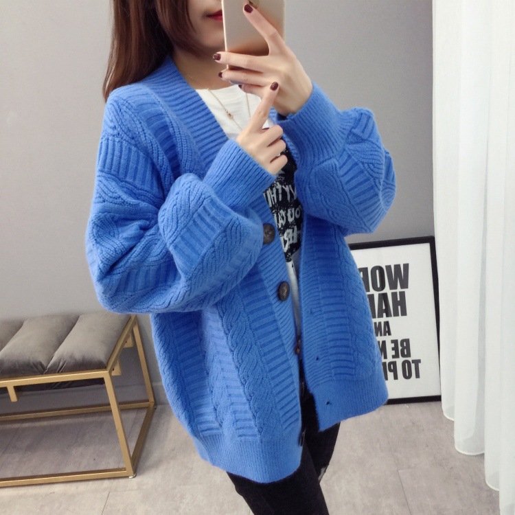 Lazy style lantern sleeve sweater knitted cardigan jacket 44
