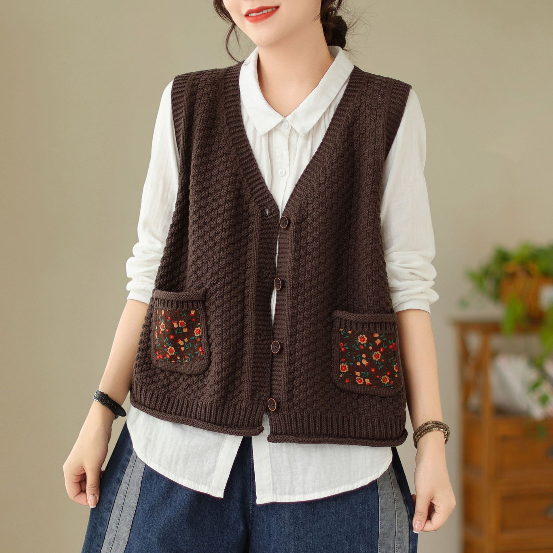 Patchwork cotton knit cardigan vest 27