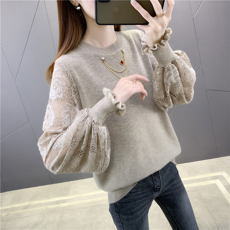 Round Neck Loose Lace Puff Sleeve Knitted Sweater Bottoming Shirt 35 01