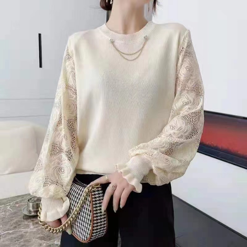 Round Neck Loose Lace Puff Sleeve Knitted Sweater Bottoming Shirt 35 02