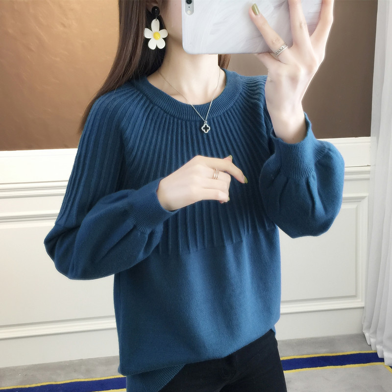 Round Neck Pullover Sweater Loose Cropped Lantern Sleeve Knit 36