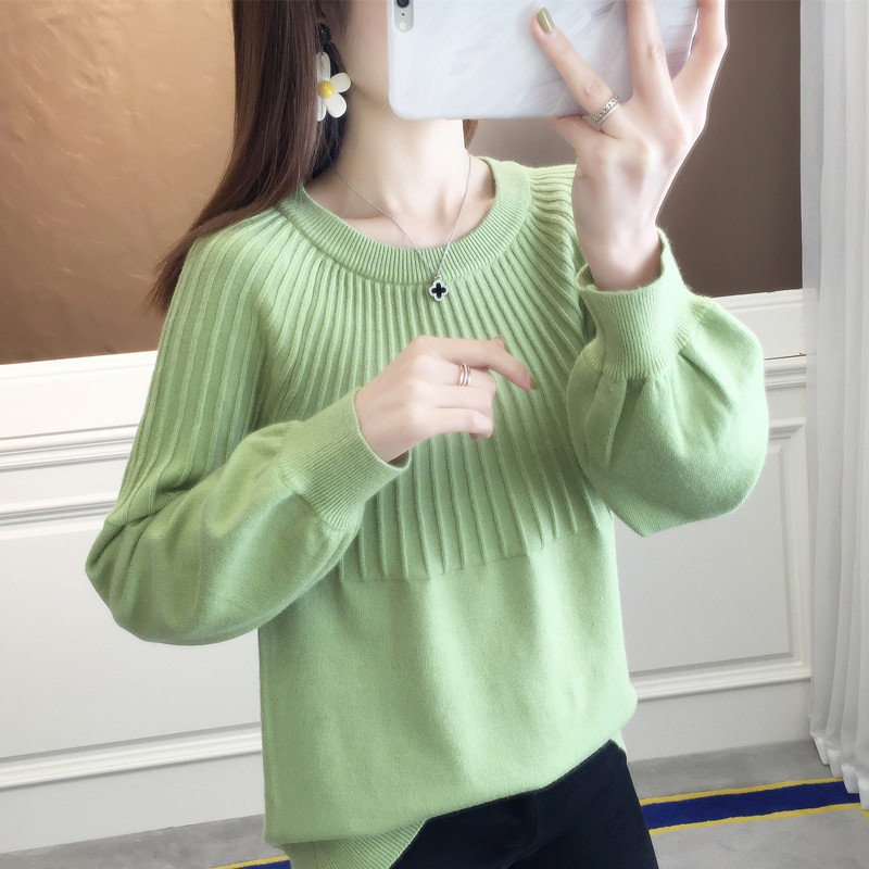 Round Neck Pullover Sweater Loose Cropped Lantern Sleeve Knit 36