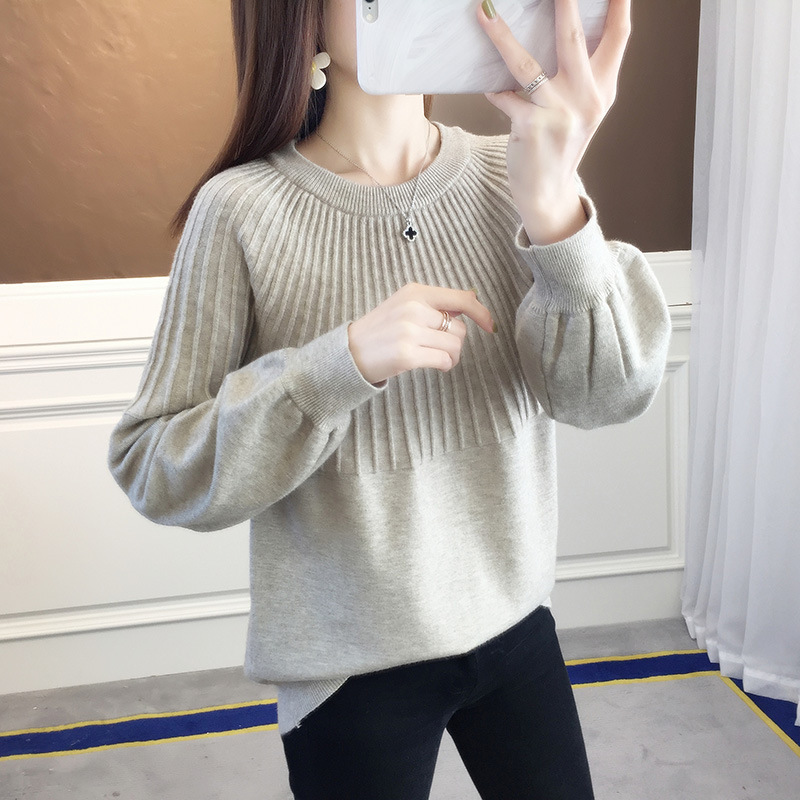 Round Neck Pullover Sweater Loose Cropped Lantern Sleeve Knit 36