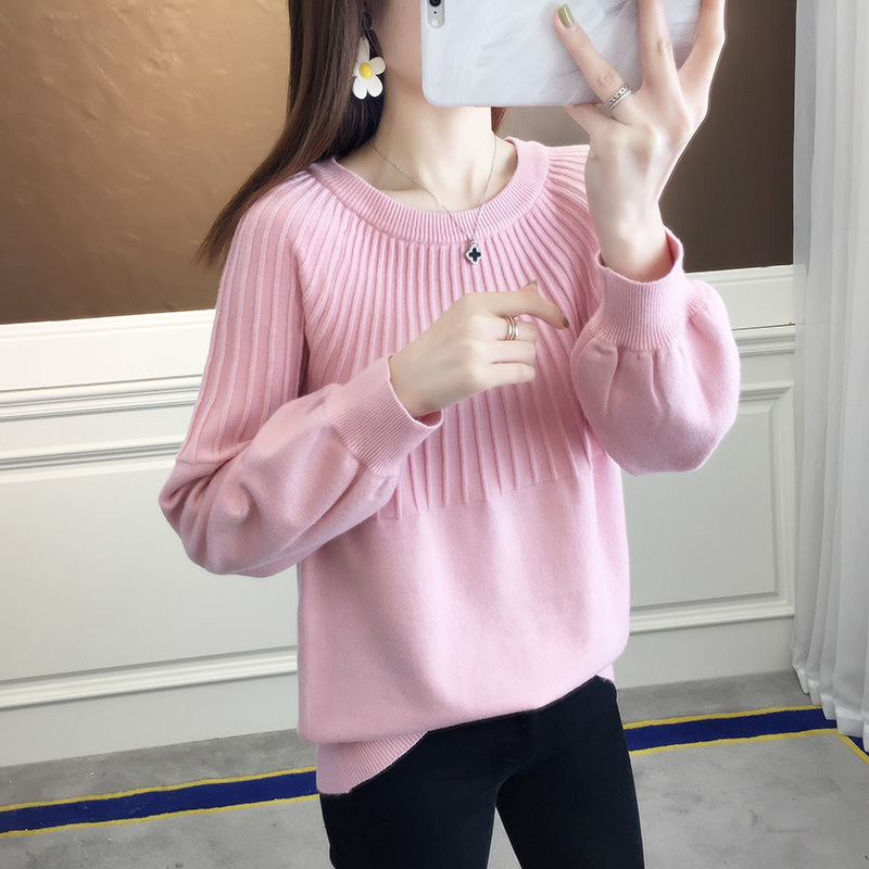 Round Neck Pullover Sweater Loose Cropped Lantern Sleeve Knit 36