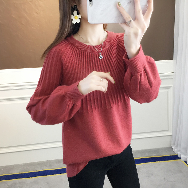 Round Neck Pullover Sweater Loose Cropped Lantern Sleeve Knit 36