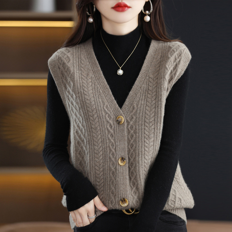 Solid Color Cardigan Sleeveless Vest V-Neck Twist Knit 25