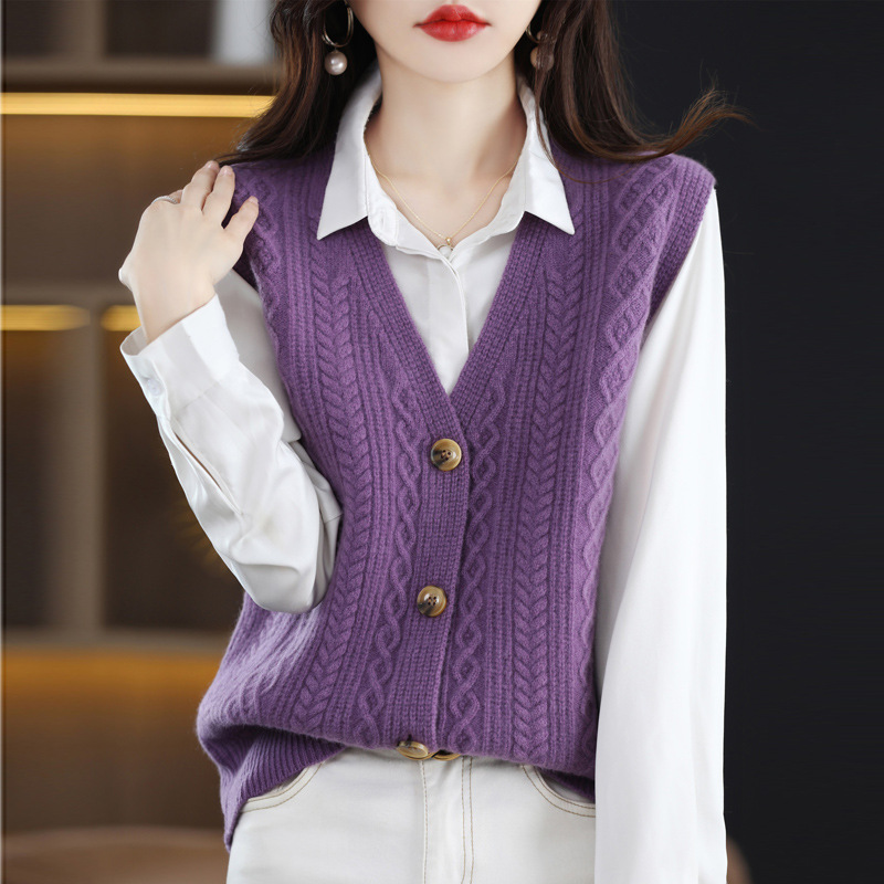 Solid Color Cardigan Sleeveless Vest V-Neck Twist Knit 25
