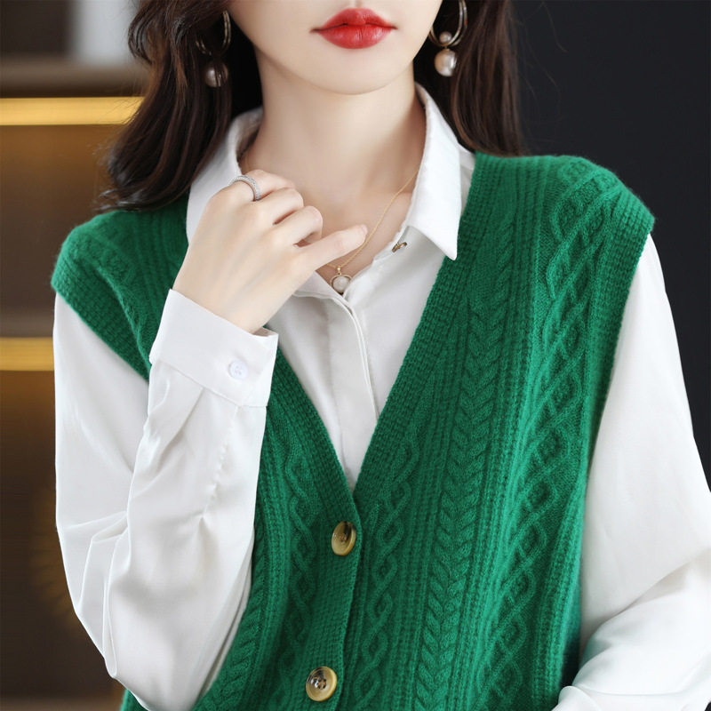 Solid Color Cardigan Sleeveless Vest V-Neck Twist Knit 25