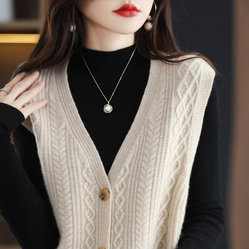 Solid Color Cardigan Sleeveless Vest V-Neck Twist Knit 25