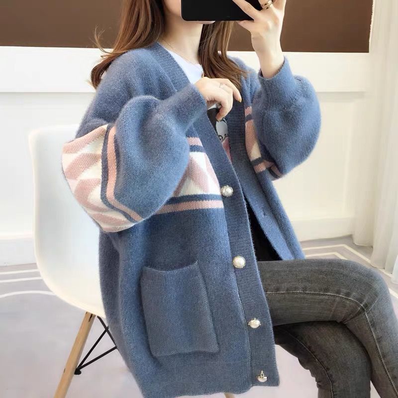 Vintage diamond color block mink knitted cardigan coat 10